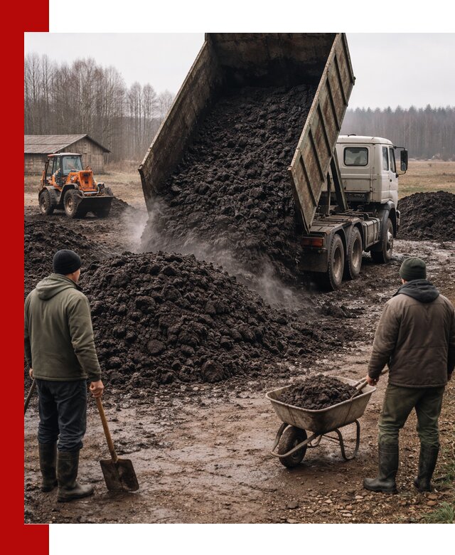 Доставка низинного торфа с разгрузкой и доставкой в Новосибирске