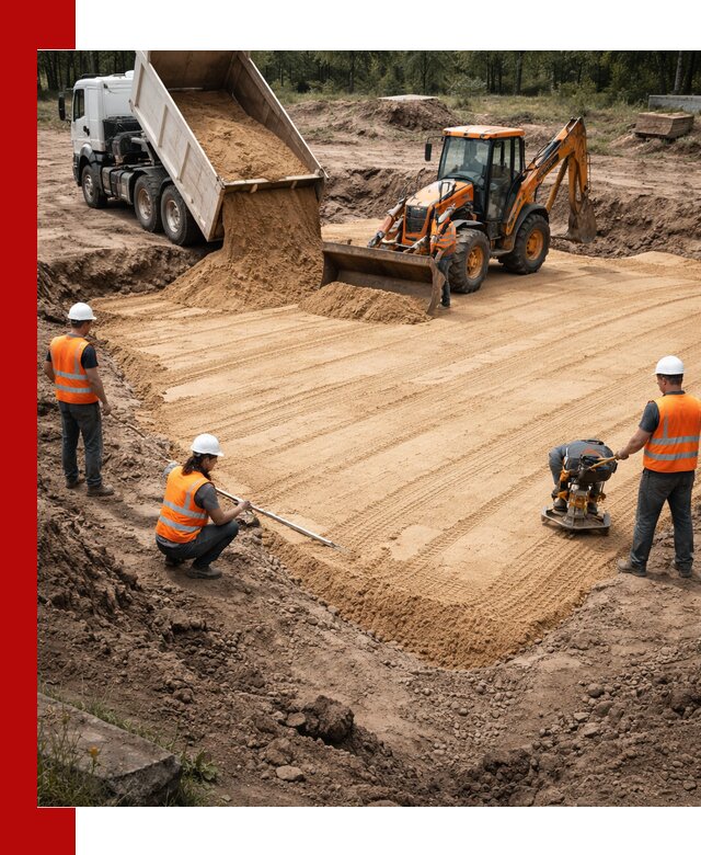 Устройство песчаной подушки для фундаментов и дорог в Новосибирске